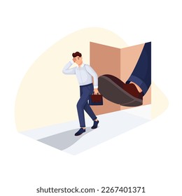 Boss foot kicking employee out door vector illustration. Cartoon leg of angry employer firing useless manager due to work failure, end of office career, unemployment and dismissal of unhappy man