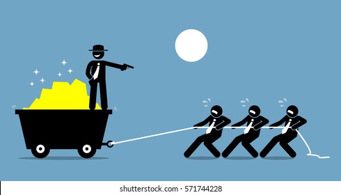 Boss forcing employees and workers to work hard by threatening them with a gun. Vector artwork depicts bossy attitude and workplace harassment.