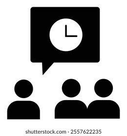 Boss - Free business icons. Minimalist icon design, group meeting, time management, black and white silhouettes, speech bubble with clock, simple geometric shapes, flat graphic style.