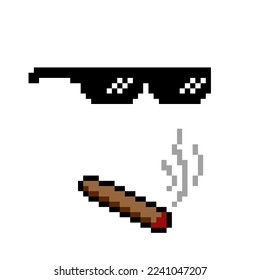 Boss or gangster, pixelated sunglasses and cigarette. Thug attributes. Vector illustration.