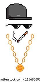 Boss or gangster pixelated sunglasses, gold chain, cap and cigarette. Thug attributes. Vector illustration.