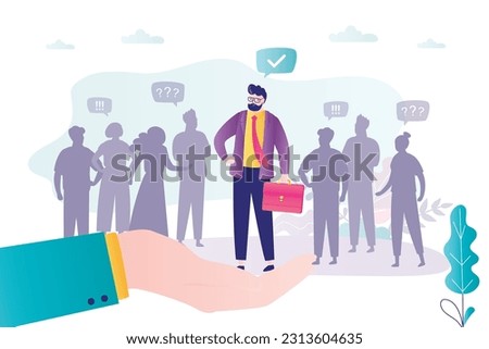 Boss giant hand holds new male employee. Silhouettes of job seekers in job search, interview. HR agent hires staff, recruitment. Employment, company is looking for new employees. vector illustration