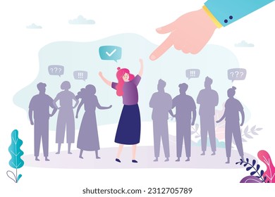 Boss giant hand points to new female employee. Silhouettes of job seekers in job search, interview. HR agent hires staff, recruitment. Employment, company is looking for new employees. flat vector