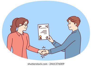 Boss gives certificate to woman for successful launch of project or increase in company profits. Girl receives diploma or certificate-voucher confirming completion of studies or professional courses
