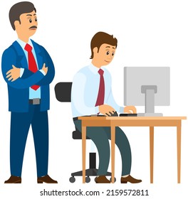 El jefe da instrucciones a los subordinados en el lugar de trabajo, el trabajo de departamento, la empresa. Grupo de empleados en la computadora. Gerentes, colegas, oficinistas. Caracteres ocupados, la gente trabaja con laptop