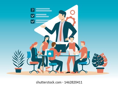 Boss giving direction and people working. Leader, idea, business goals. Business concept. Vector illustration for poster, presentation, new project