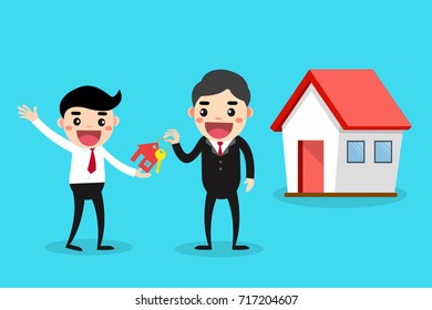 Boss giving house to business officer. Real estate. Vector illustration.