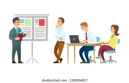 Boss giving presentation on whiteboard vector, business plan conference. Presenter with information, seminar and sitting listeners with laptops, meeting