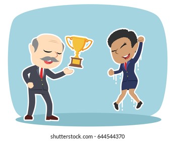 boss giving trophy to his african female employee