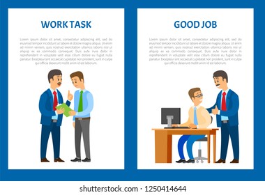 Boss Giving Work Task, Praise For Good Job. Company Leader Supervising New Office Worker Vector. Director Pleased With Work Of Employee, Encouraging For Results