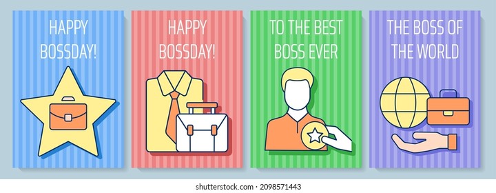 Boss greeting card with color icon element set. Congratulate director and ceo. Postcard vector design. Decorative flyer with creative illustration. Notecard with congratulatory message