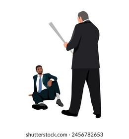 Boss hammer looking at a nail employee. Employee is afraid of his boss with a baton or Bar. Flat vector illustration isolated on white background