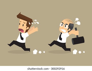 boss hammers chase businessman working bad. vector