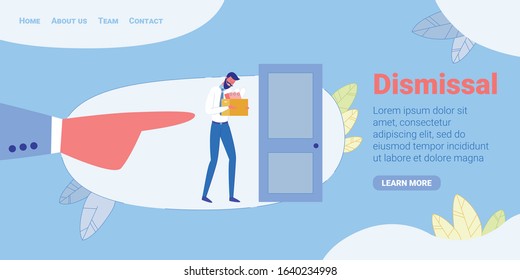 Boss Hand Firing Employee Flat Cartoon Banner Vector Illustration. Sad Man Carrying Box with Belongings. Dismissal, Unemployment Concept. Upset Character Loosing Job, Leaving Office.