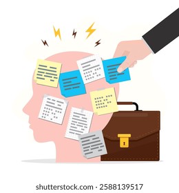 Boss hand give new task for employee. Mental load concept with head silhouette with multiple tasks on notes. Time management, office day, routine. notes stickers on face. flat vector illustration