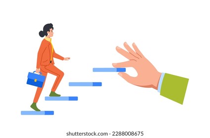 Boss Hand Helps Business Woman Climb Stairs, Signifying Support And Leadership. Motivational Concept