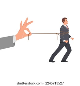 Jefe de la mano tirando de la cuerda a un hombre estresado. Ilustración vectorial plana aislada en fondo blanco