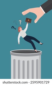 Boss hand throwing female employee into trash can. You are fired, layoff. Cartoon human hand holding sad woman over office dustbin to throw and dismiss. Staff reduction, dismissal. vector illustration