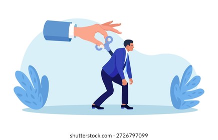 Boss Hand drehen Schlüssel oder Uhrwerk Winder zu überarbeiteten Person zu motivieren. Erschöpfter Geschäftsmann aufgeladen, Power-up, um die Effizienz zu erhöhen. Unternehmensleitung, Motivation Mitarbeiter
