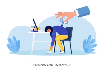 La mano del jefe sube la llave o la bobinadora de relojería para motivar a la persona sobrecargada de trabajo. Hombre de negocios agotado recargado, potencia para aumentar la eficiencia. Liderazgo empresarial, motivación del empleado