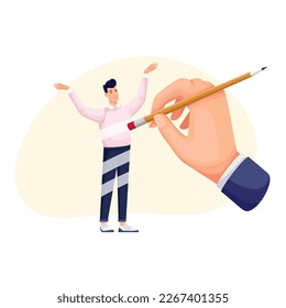 Boss hand using eraser to erase sad employee vector illustration. Cartoon employer holding yellow pencil with rubber eraser to delete and dismiss tiny man, fired businessman lost job in office