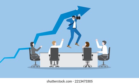 A boss hangs a rise blue arrow with a telescope at a teamwork meeting. Concept of business opportunity, investment, success, market prediction, forecast, profit, growth, wealth, vision, and mission.