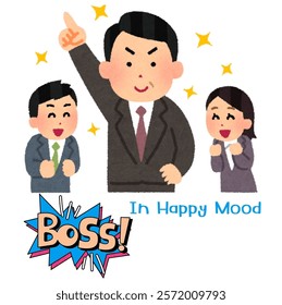 boss in happy mood surrounding male and female staff is also happy, vector illustrator, boss in happy mood logo design and wallpaper, best picture hanging on office walls, and in boss cabient. 