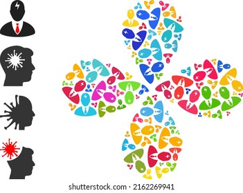 Boss headache icon colored curl flower with 4 petals shape. Element centrifugal explosion organized from scattered boss headache icons. Vector flower icon collage in flat style.