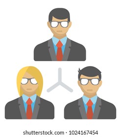 Boss with hierarchical network, delegating tasks flat icon