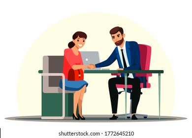 Boss hiring job seeker after successful job interview. Employer handshaking woman newcomer employee. Hr top manager, recruiter and vacancy candidate worker conversation. Good impression