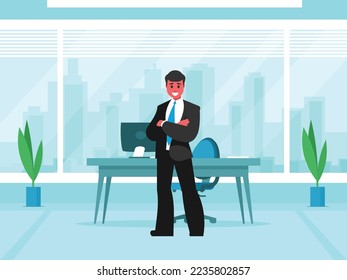 Boss at his workplace. Office interior with large window. Window overlooking city buildings. Businessman crossing his arms over his chest. Standing confident man in a suit and tie. Vector graphics
