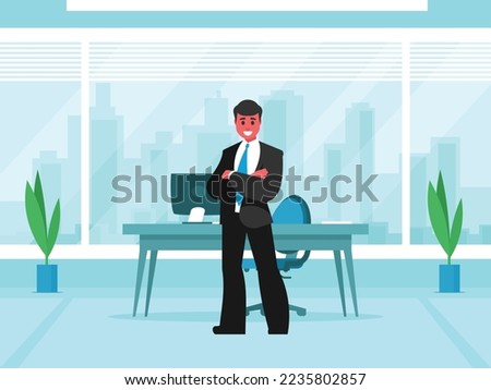 Boss at his workplace. Office interior with large window. Window overlooking city buildings. Businessman crossing his arms over his chest. Standing confident man in a suit and tie. Vector graphics