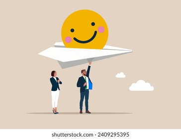 Jefe sosteniendo un avión de papel grande con un símbolo sonriente en el interior. Concepto de buenas noticias, envío de saludos. Ilustración vectorial plana