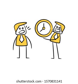 boss holding clock and time warning his employee yellow stick figure