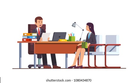 Boss holding CV or HR executive manager meeting job applicant woman in director office. Female employment candidate having job position interview. Business interior design flat vector illustration