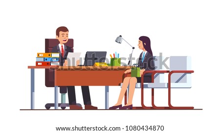 Boss holding CV or HR executive manager meeting job applicant woman in director office. Female employment candidate having job position interview. Business interior design flat vector illustration