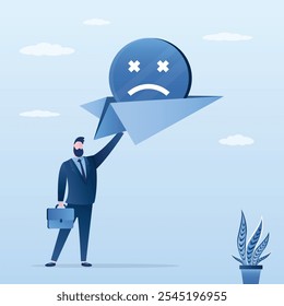 Boss holding giant paper plane with angry face symbol inside. Negative emotions, bad mood for employees. Concept of bad news. Flat vector illustration