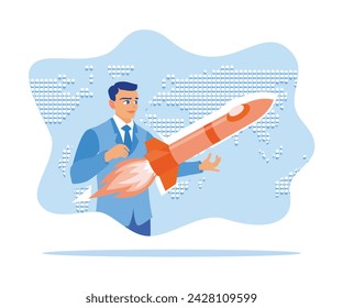 Jefe sosteniendo el cohete en la mano. Listo para comenzar un nuevo proyecto. Rocket está lanzando el concepto de impulso. Ilustración vectorial plana.