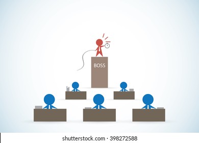 boss holding whip and clock to control employee to work before deadline, leadership and business concept