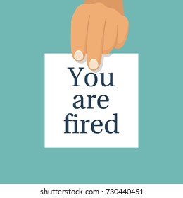 Boss holds in hand a white sheet with text "You're fired". To lose a job. Vector illustration flat design. Isolated on background.  Employee fires the worker.
