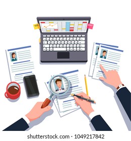 Boss & HR manager looking through business man, woman executive manager job candidates CV with magnifying glass making hiring decision. Employee headhunting research. Flat isolated vector illustration