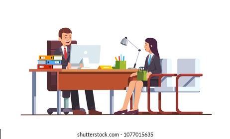 Boss or HR manager meeting job applicant woman in director office. Female employment candidate having job position interview. Modern business interior design flat vector illustration isolated on white