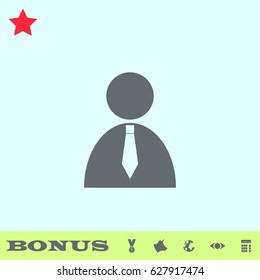 Boss icon flat. Grey pictogram on blue background. Vector illustration symbol and bonus buttons medal, cow, earth, eye, calculator