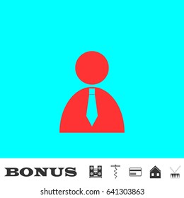 Boss icon flat. Red pictogram on blue background. Vector illustration symbol and bonus buttons Music center, corkscrew, credit card, house, drum