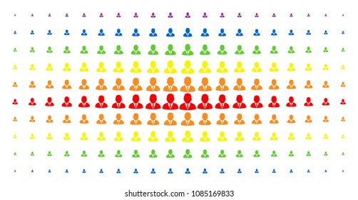 Boss icon rainbow colored halftone pattern. Vector boss items are organized into halftone array with vertical rainbow colors gradient. Constructed for backgrounds, covers,