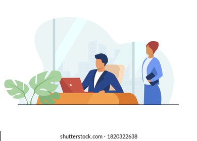 Boss instructing assistant. Office workers sitting and standing at laptop flat vector illustration. Workplace, corporate communication concept for banner, website design or landing web page