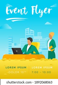 Boss instructing assistant. Office workers sitting and standing at laptop flat vector illustration. Workplace, corporate communication concept for banner, website design or landing web page