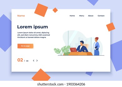 Boss instructing assistant. Office workers sitting and standing at laptop flat vector illustration. Workplace, corporate communication concept for banner, website design or landing web page