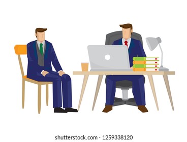 Boss interview candidate for a vacancy for his company. Concept of job recruitment. Vector illustration. 