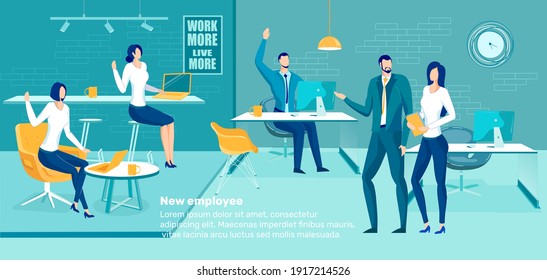 Boss Introduces New Employee to Colleagues in Office. Business People Welcoming New Company Team Member. Career Starting and Occupation in Friendly Successful Crew. Flat Cartoon Vector Illustration.